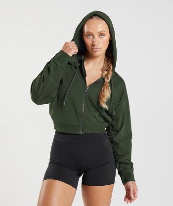 Dámské Mikiny S Kapucí Gymshark Gs Power Cropped Zip Olivy Zelené | CZ 3576QMA